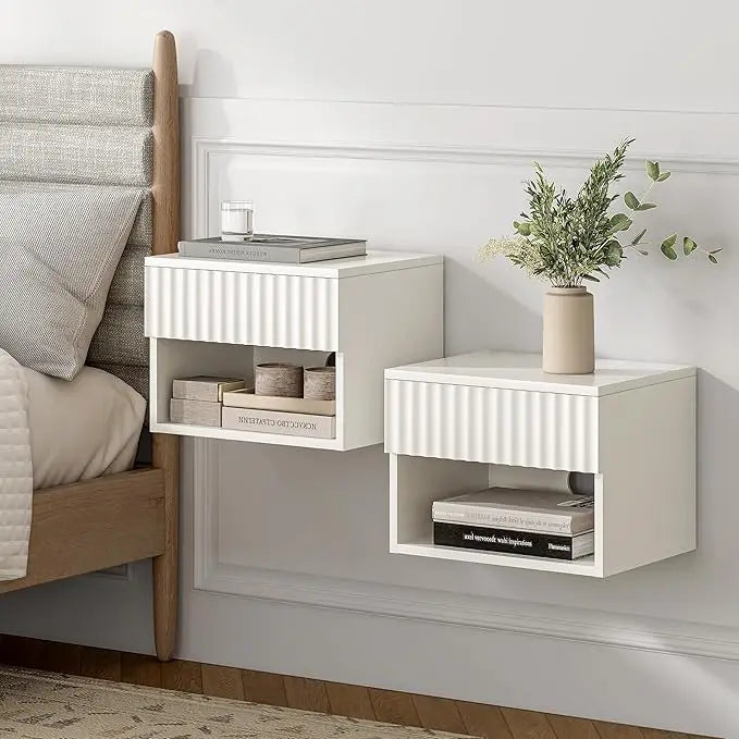 Floating TV Stands with Drawer and Open Shelf, Small Wall Mounted Bedside End Table, Modern Fluted Night Stand for Bedroom