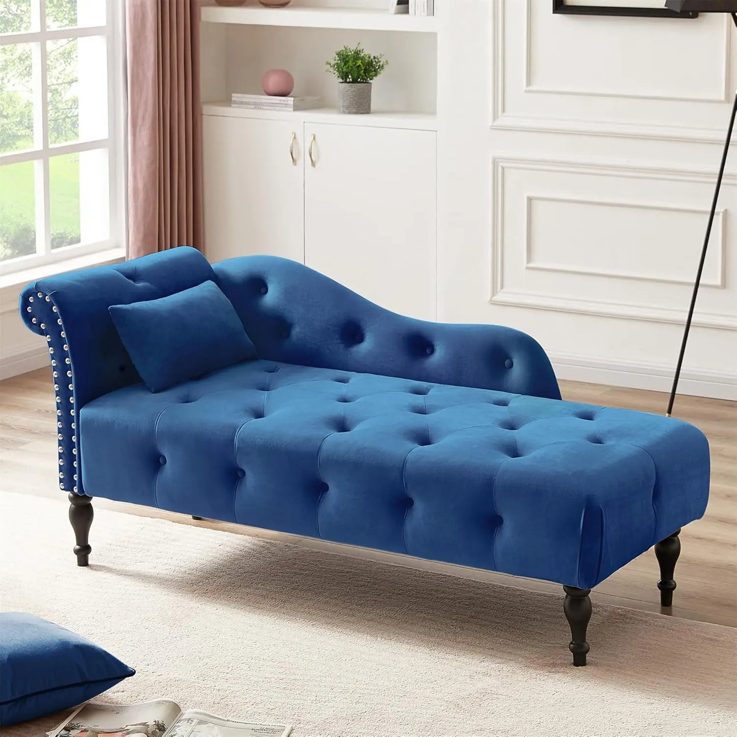 Modern Velvet Upholstered Chaise Lounge Indoor Button Tufted Chaise Lounge Chair with Solid Wood Legs Single Sleeper Sofa