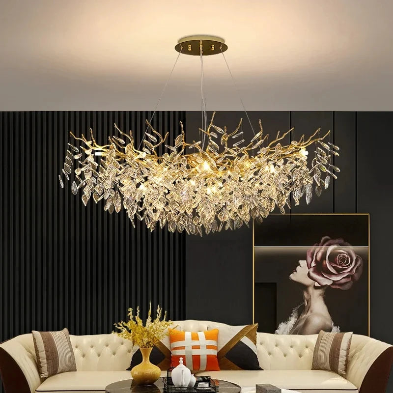 Crystal Chandelier: Luxury Gold Leaf Design LED Pendant Light for Dining & Living Room