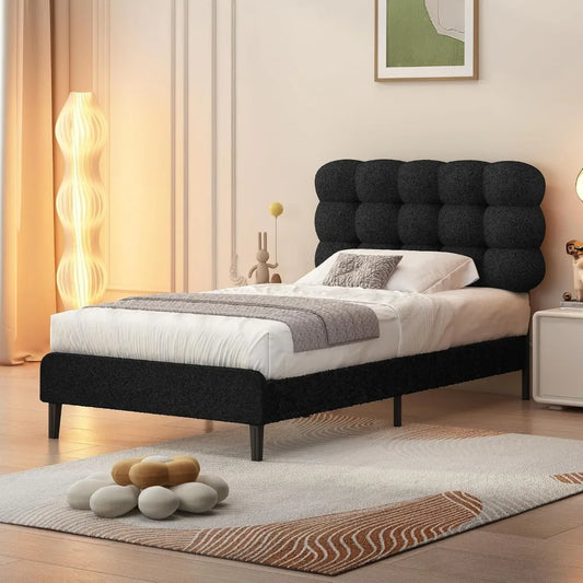 Twin Bed Frame with Upholstered Headboard, Platform Bed with Strong Wooden Slats Support, Two Bed Forms Design, No Boxing Spring