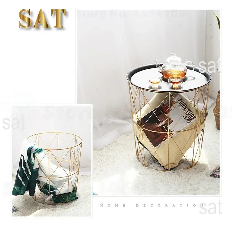 -New Nordic Golden Iron Metal Coffee Table Dirty Storage Basket Tea Fruit Snack Service Plate Tray Bed Living Room Sofa Side