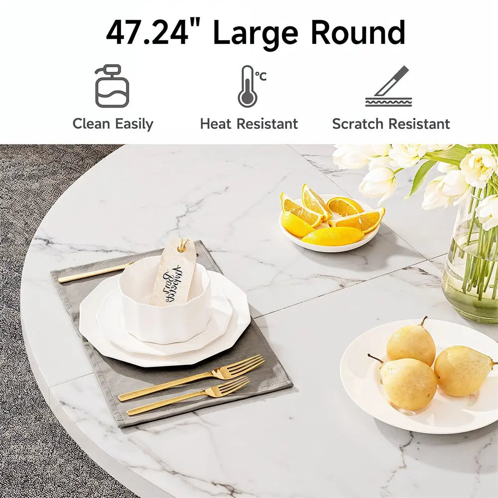 47.24 Inch Round Dining Table Kitchen Table for 4 People Wooden Marble Pattern Dinner Room Table with Gold Base for Home office