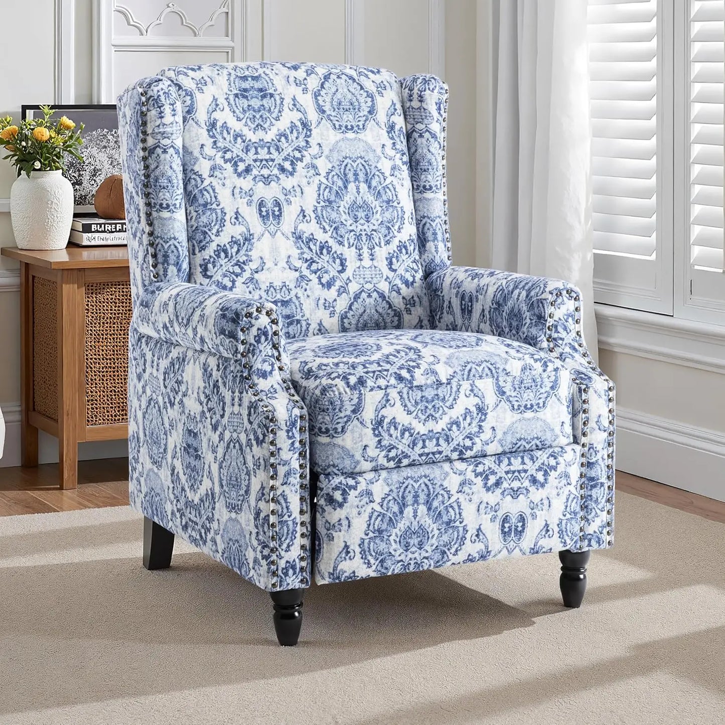 Pushback Recliner Chair, Floral Fabric Wingback Recliner Chair, Upholstered Armchair Push Back Recliner, Rivet Trim S