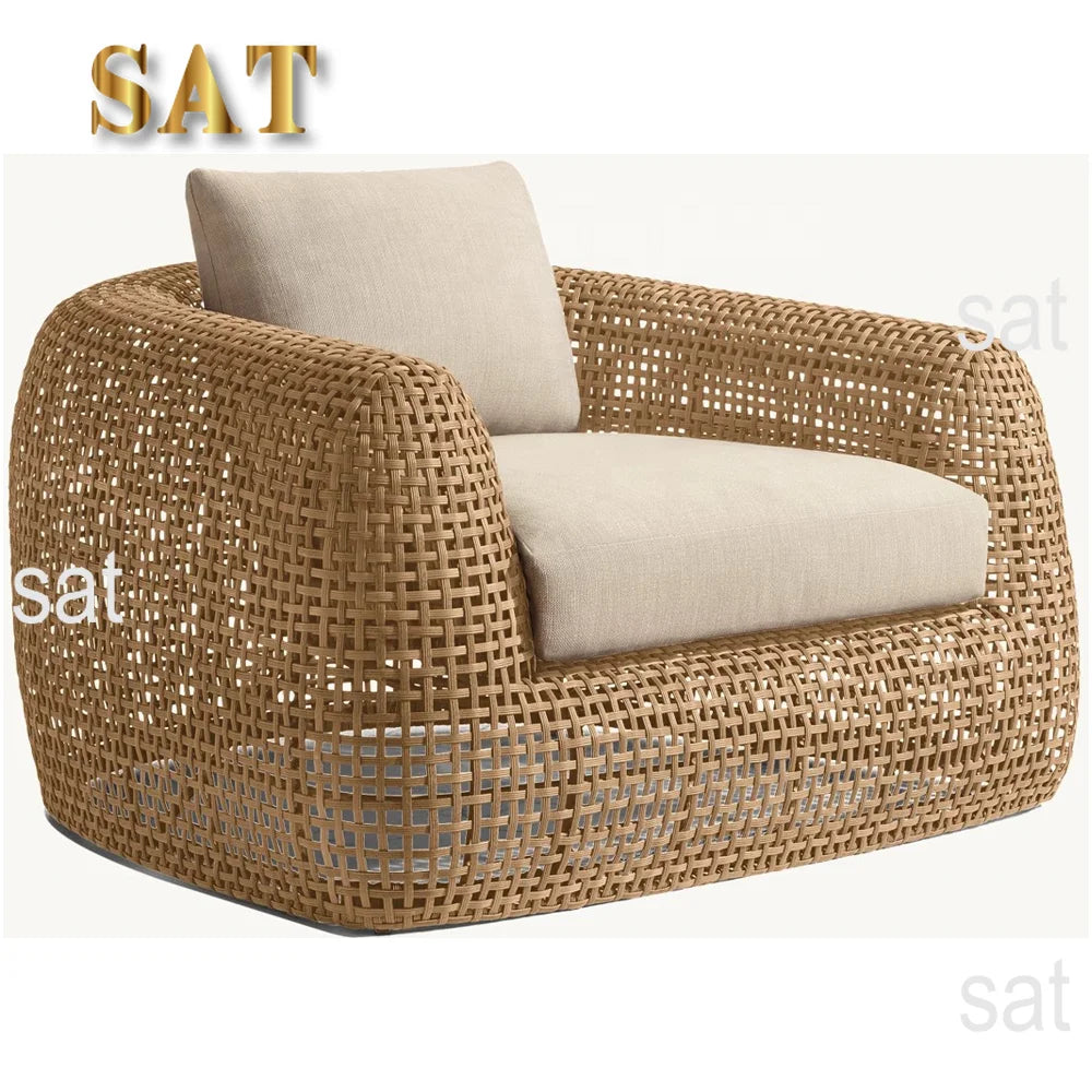 Hot Sales Modern PE Rattan Single Sofa Set High-End Outdoor Furniture With Natural Wood Look Wicker Teak Fabric Materials For D