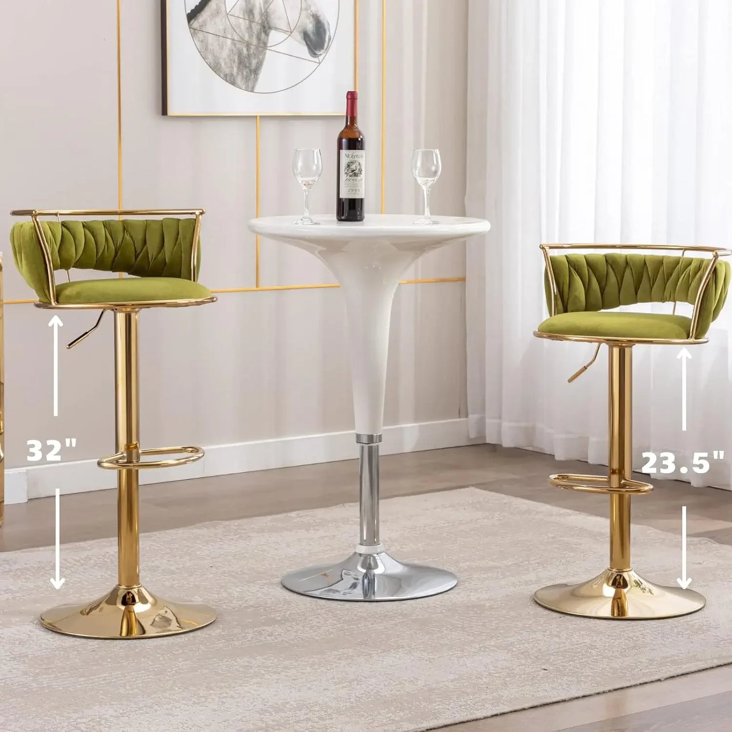 Woven Bar Stools Set of 2, Adjustable Counter Height Velvet Swivel Kitchen Stools with Back, Green