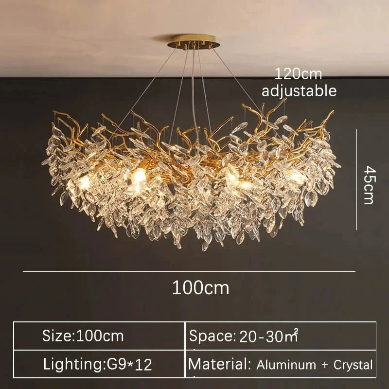 Crystal Chandelier: Luxury Gold Leaf Design LED Pendant Light for Dining & Living Room