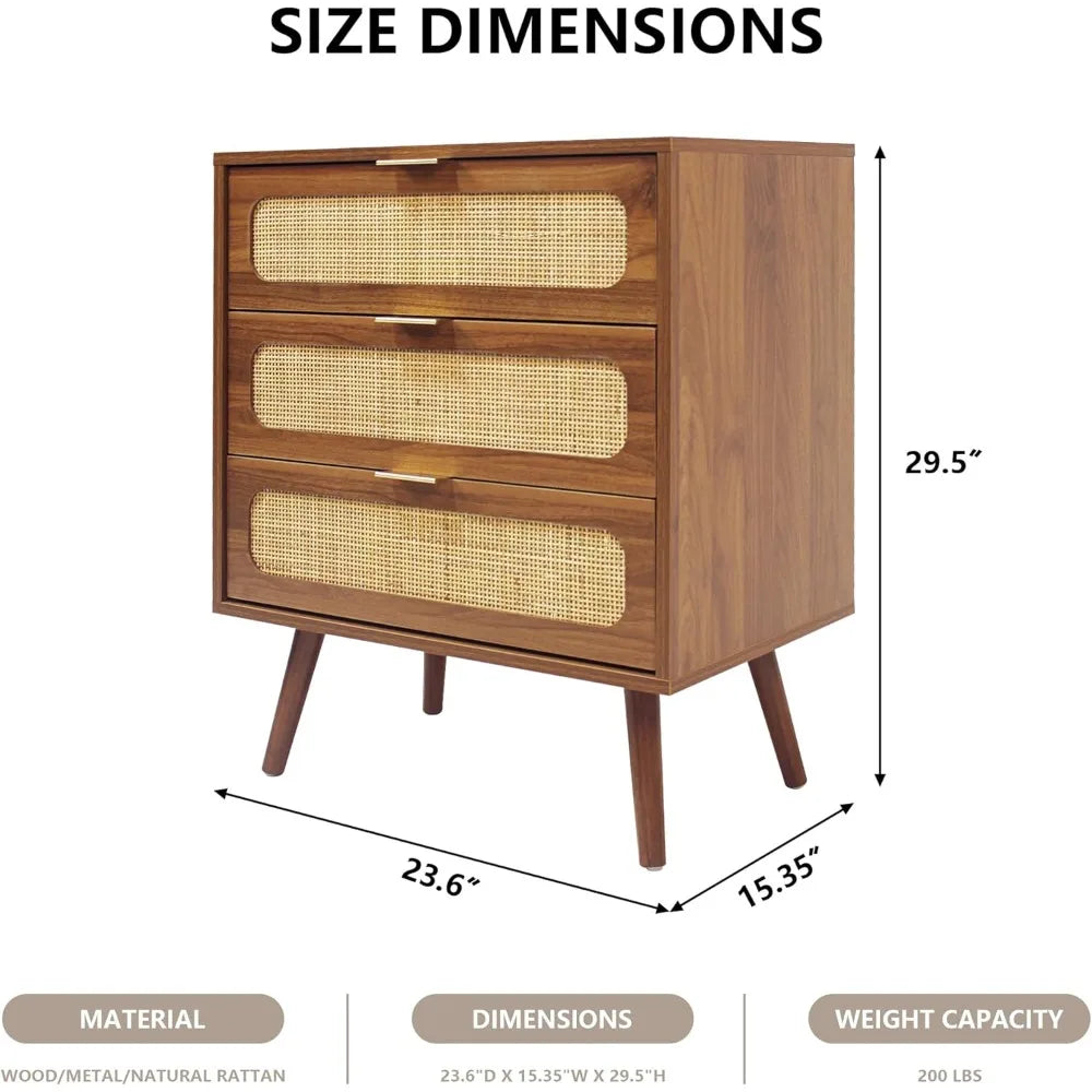 QHITTY Drawer Dresser Set of 2, Rattan Chest of Drawers with 3 Drawers Dresser, Accent Storage Cabinet Modern Bedside Table for