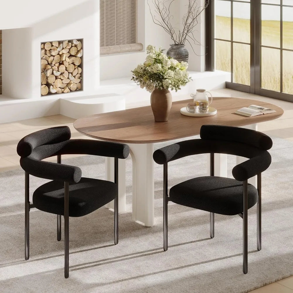 Modern Black Boucle Dining Chairs Set, 2-Piece Kitchen & Dining Room Chairs with Arms, Barrel Style for Contemporary Dining