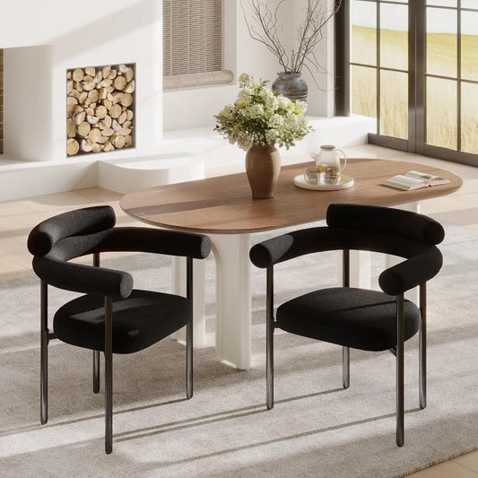 Modern Black Boucle Dining Chairs Set, 2-Piece Kitchen & Dining Room Chairs with Arms, Barrel Style for Contemporary Dining