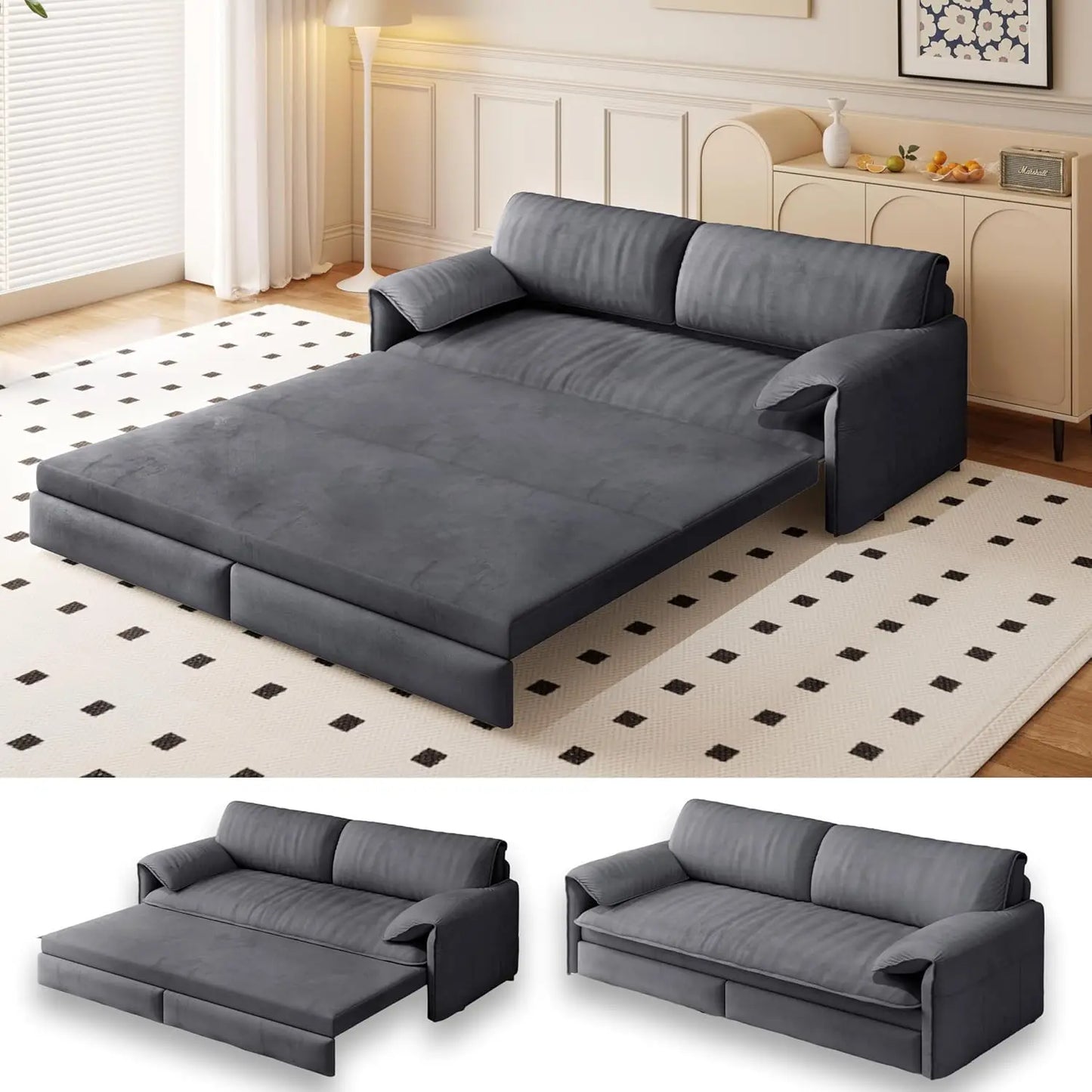 '66' Queen Size Futon Sofa Bed, 3-in-1 Convertible Pull Out Sleeper, Modern Velvet Couch, Grey