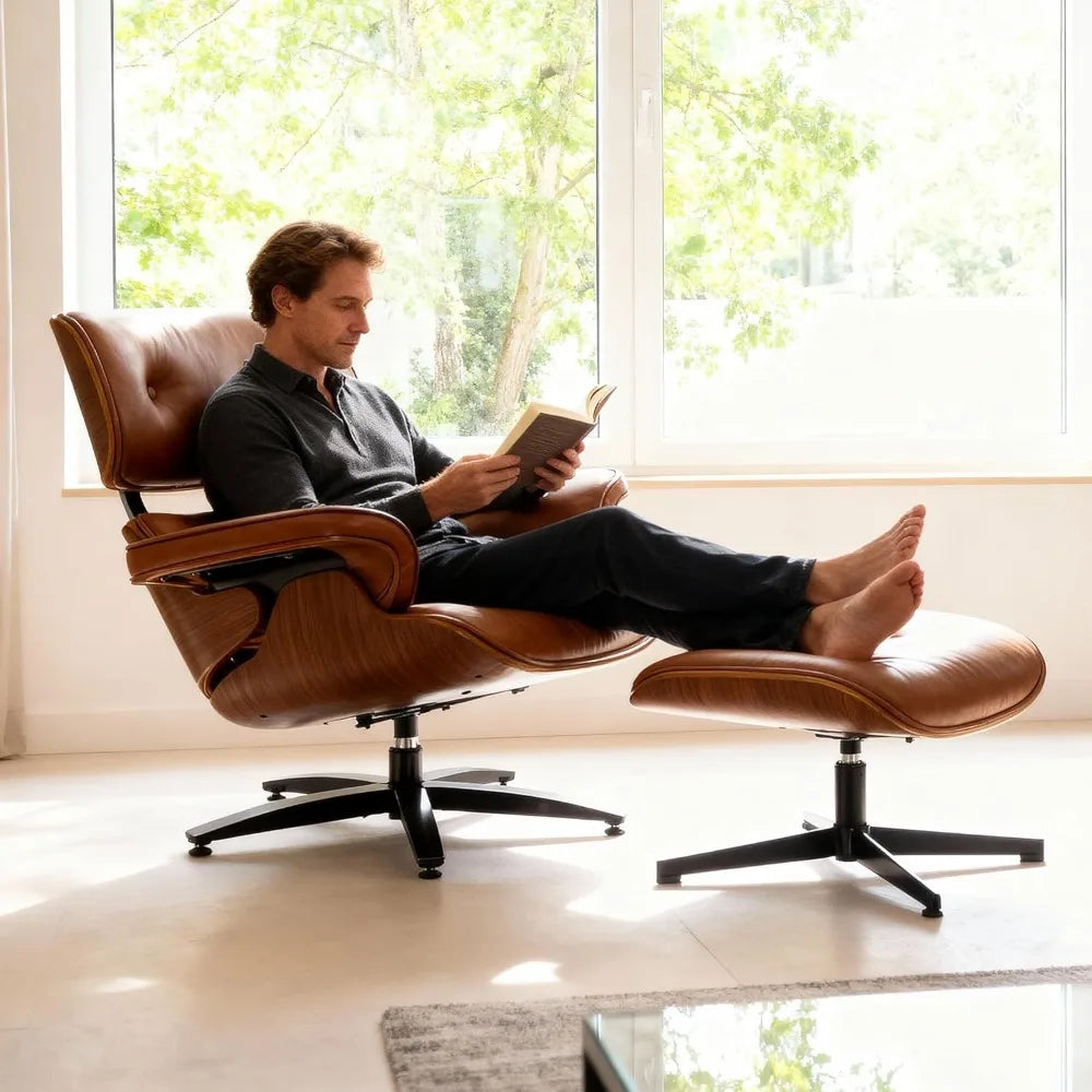 Mid-Century Modern Lounge Chair and Ottoman Set, Classic PU Leather Upholstery, Walnut Wood Trim, 360° Swivel, Ergonomic
