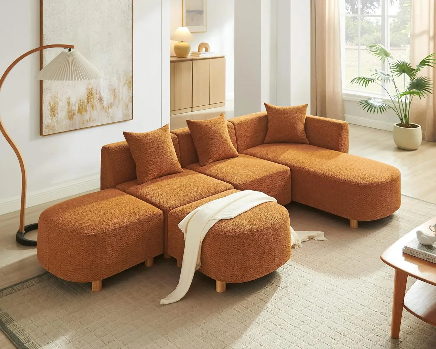 113" Sectional Sofa with 4 Pillows, U-Shaped 4-Seater Comfy Boucle Cloud Couch, Modern Double Chaises Lounge Sofas for Living