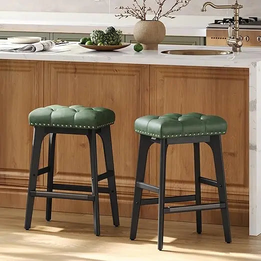 2-piece bar stool set, saddle high bar stool, 26 inch backless wooden leg kitchen stool, thickened PU leather