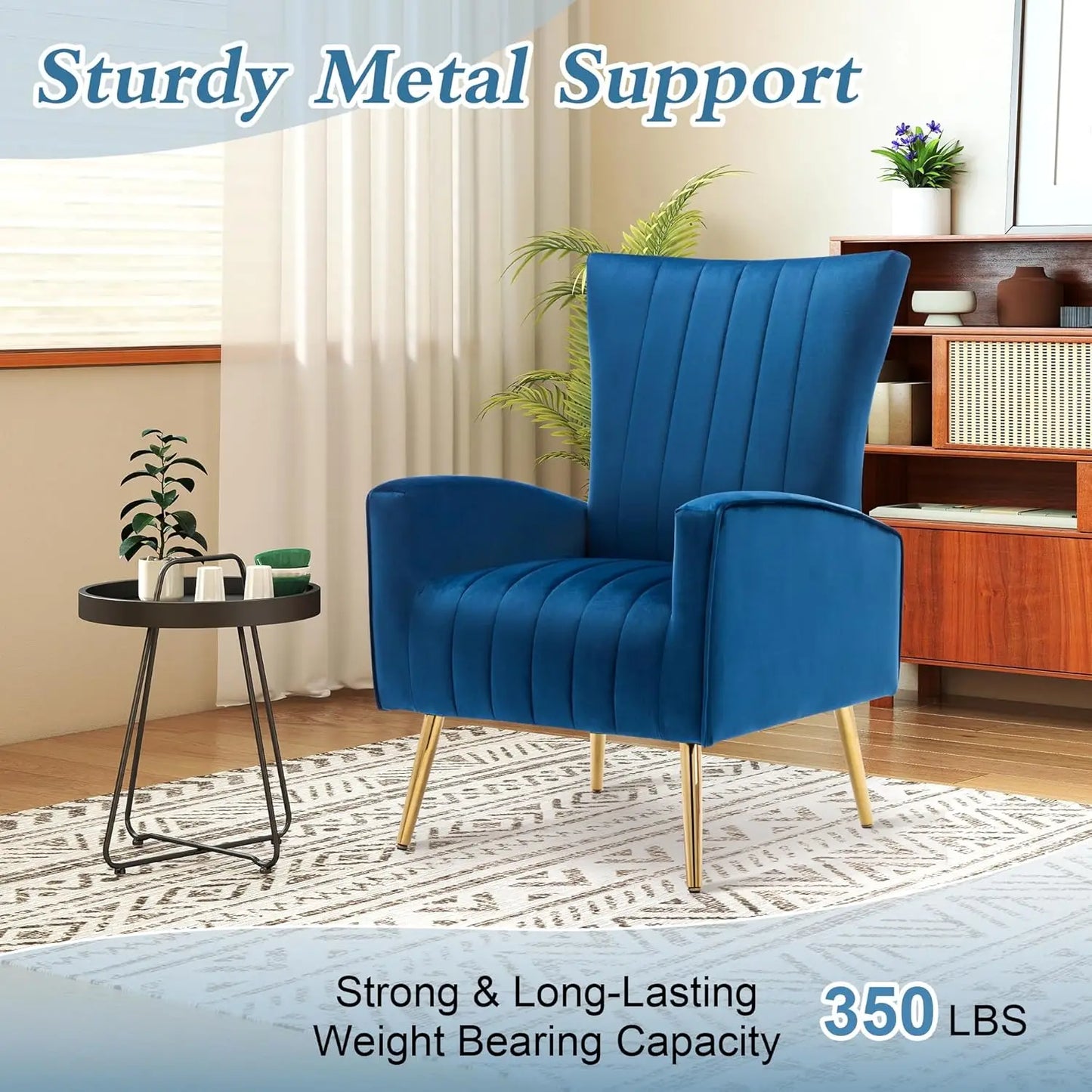 Velvet Accent Chairs Set of 2, Modern Navy Blue Fabric Armchairs with Wing Back and Metal Legs