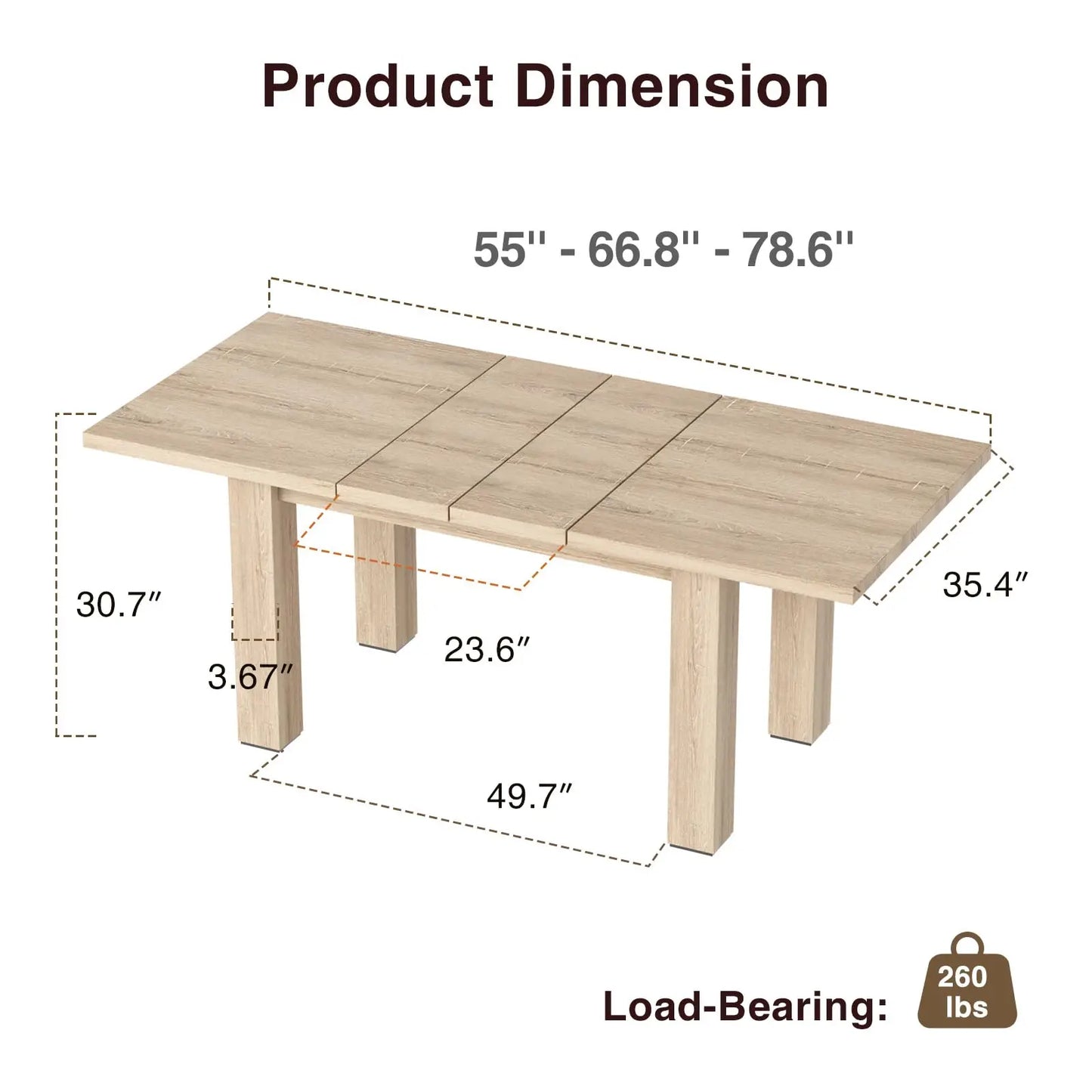 Vabches Extendable Dining Table for 6-8 Seater Wooden Kitchen Table Modern Rectangle Dinner Table Space Saver for Dining Room