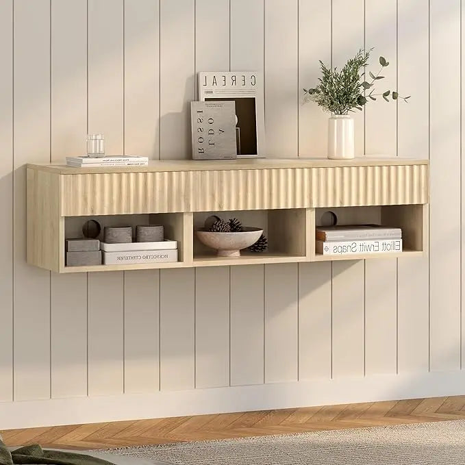 Floating TV Stands with Drawer and Open Shelf, Small Wall Mounted Bedside End Table, Modern Fluted Night Stand for Bedroom