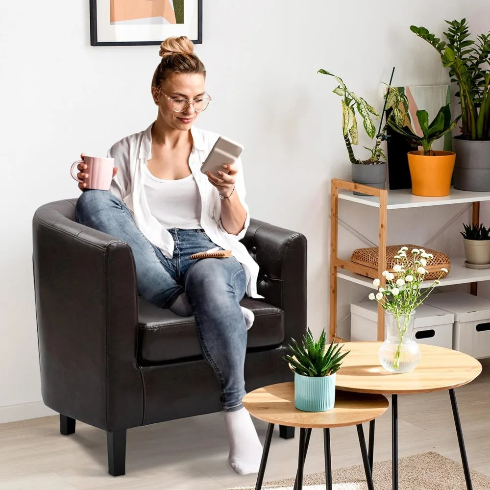 Emma Accent Chair, Button Tufted Faux Leather Barrel Chair, Midcentury Modern Accent Chair Comfy Armchair, Tub Barrel Chairs for