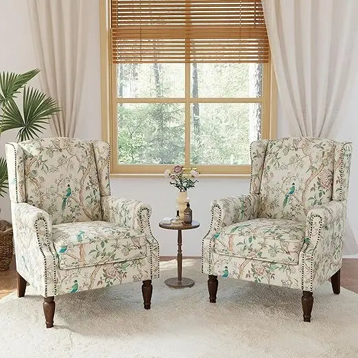 Wingback Accent Chair, 2 Set High Back Floral Armchairs in Fabric, Comfy Upholstered Reading Single Sofa Chairs with Solid Wood