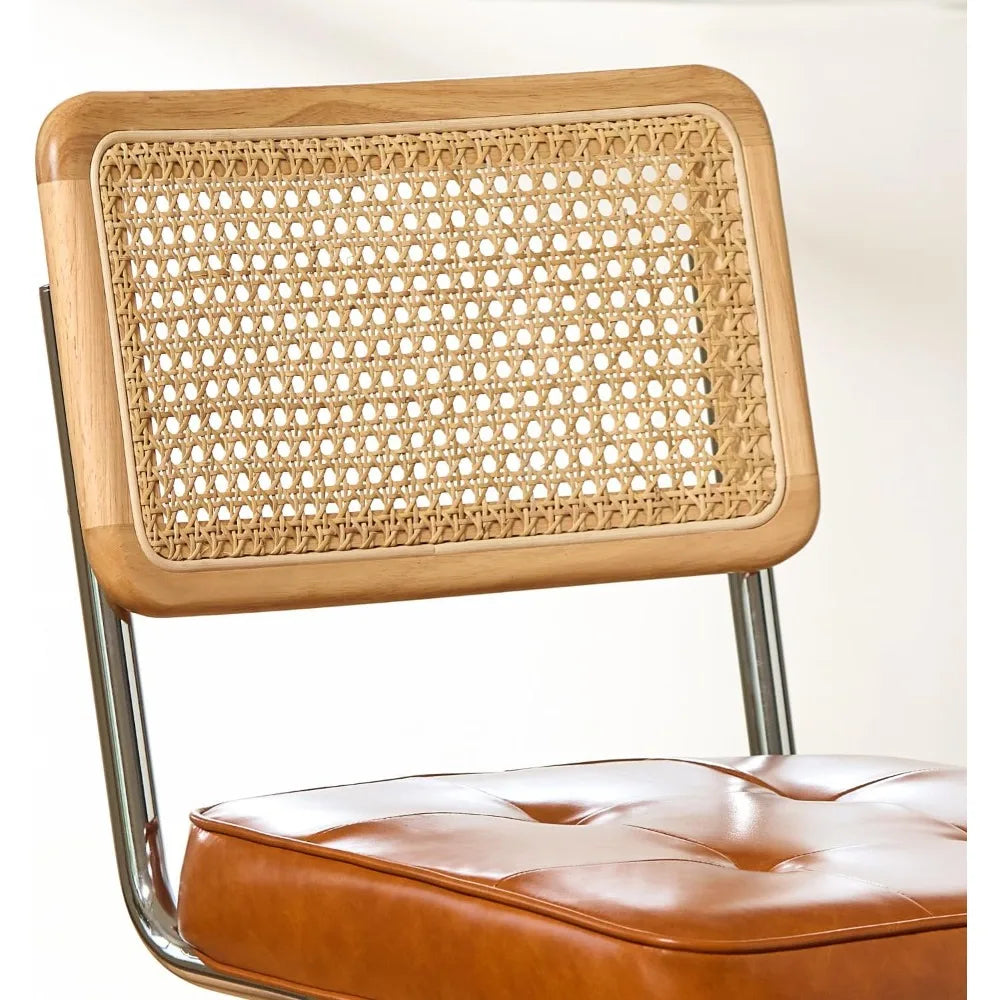 Natural Rattan Bar Stools Set of 2 - 24 Inch Counter Height with Solid Wood Backrest and Brown Faux Leather Seat