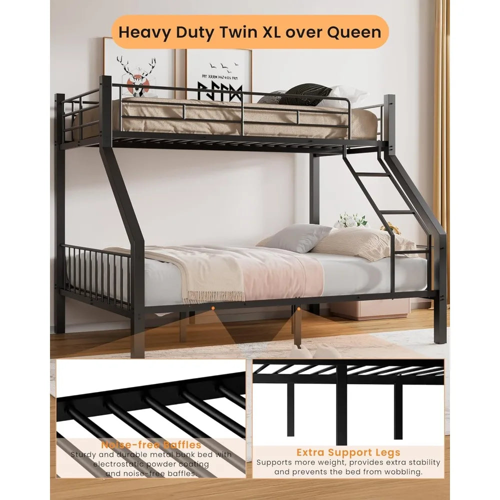 Metal Bunk Bed Frame - Twin XL Over Queen with Safety Ladder and Guardrails