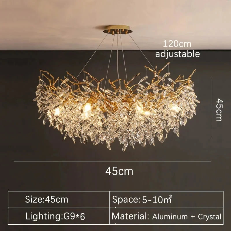 Crystal Chandelier: Luxury Gold Leaf Design LED Pendant Light for Dining & Living Room