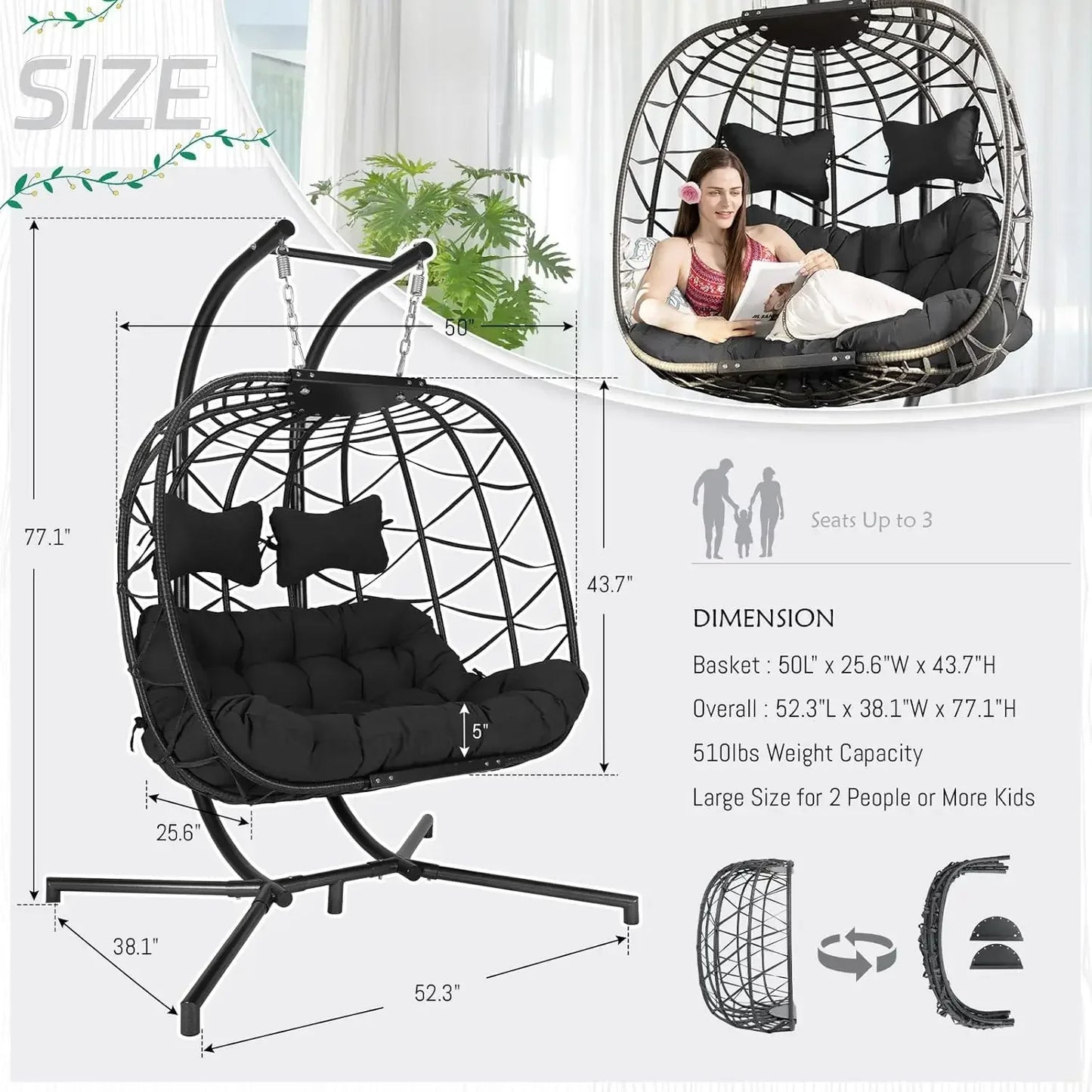 Double Egg Chair with Stand Indoor Outdoor 2 Person Large Wicker Hanging Swing Chair Grey Rattan Black Cushions with Cover