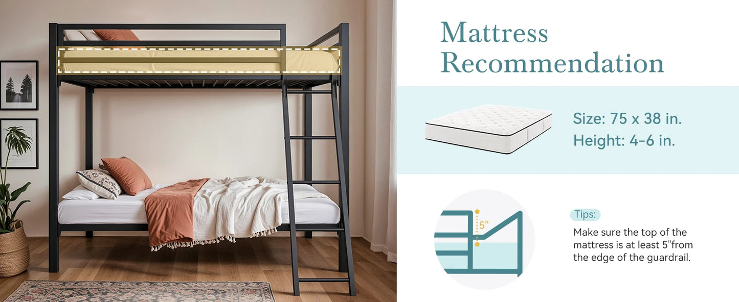 Heavy-Duty Metal Bunk Bed Frame Twin Over Twin, Full Length Guardrails, Space-Saving, Sturdy Metal Support