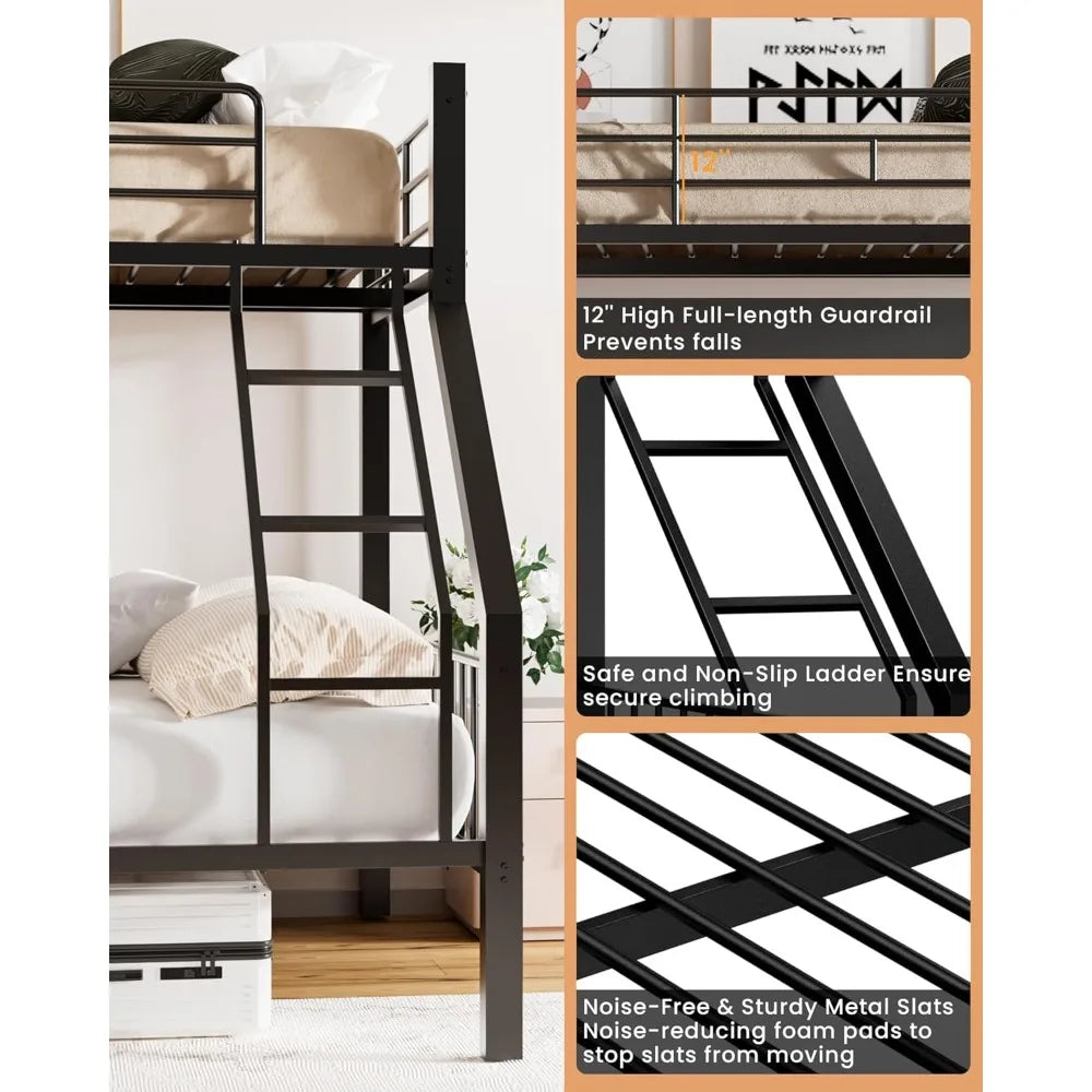 Metal Bunk Bed Frame - Twin XL Over Queen with Safety Ladder and Guardrails