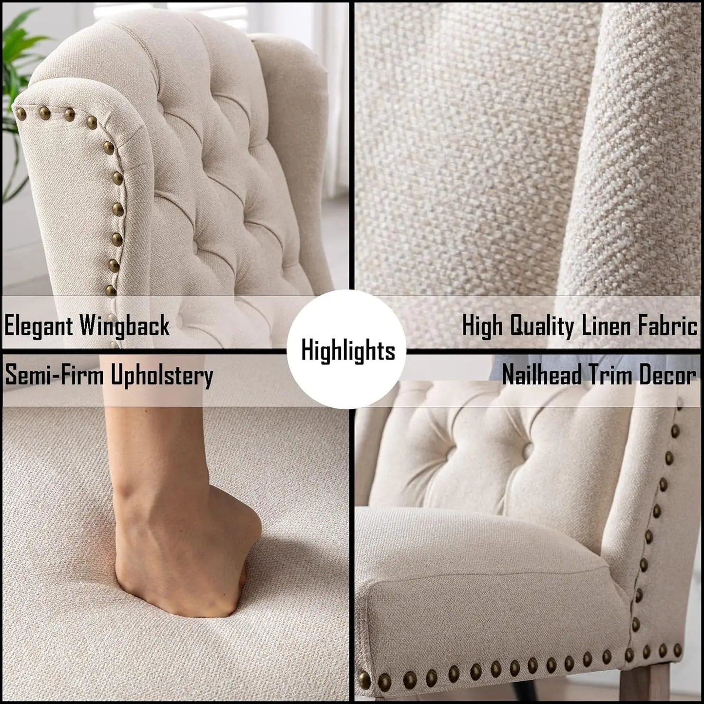 Elegant Dining Chairs Set of 2 with Solid Wood Legs and Tufted Wingback for Kitchen and Living Room