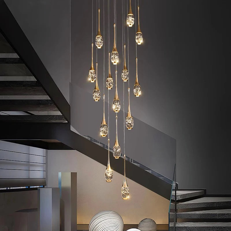 Crystal Chandelier: Multi-Drop Spiral Pendant Light in Gold - 30cm x 120cm