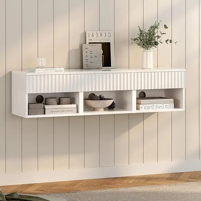 Floating TV Stands with Drawer and Open Shelf, Small Wall Mounted Bedside End Table, Modern Fluted Night Stand for Bedroom