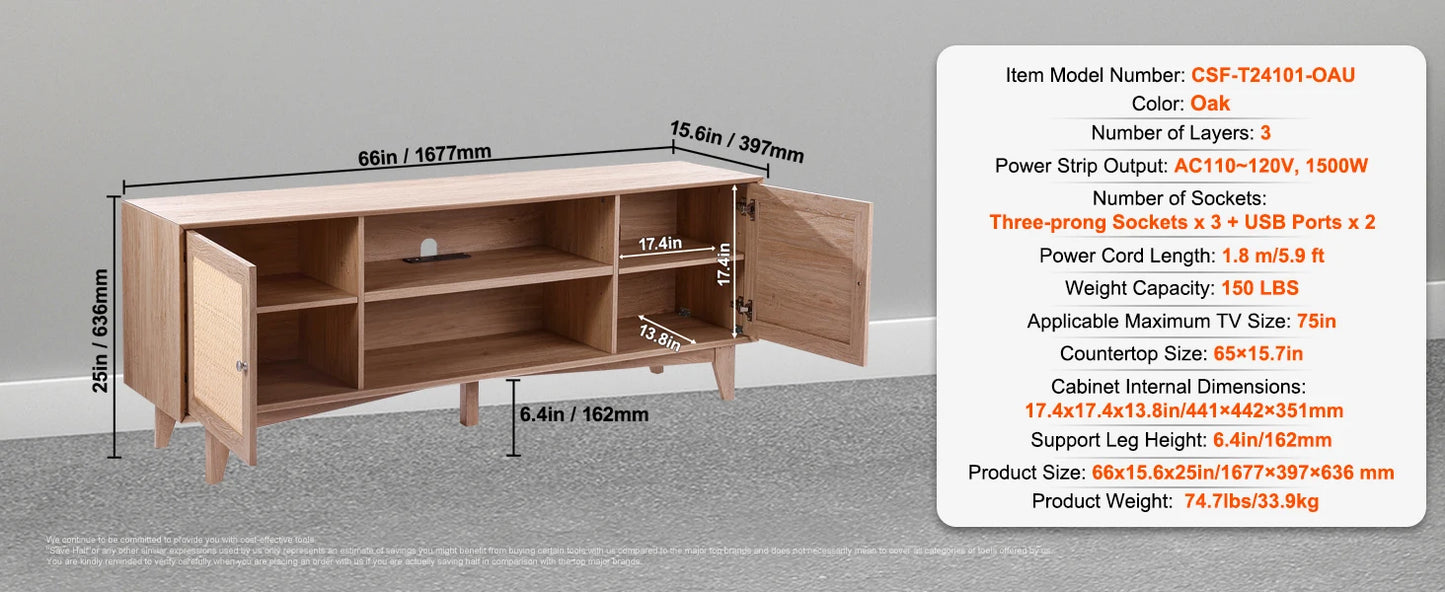 Rattan TV Stand Mid Century Modern TV Stand with Build-in Socket USB Ports Adjustable Shelfs for Living Room Media Room