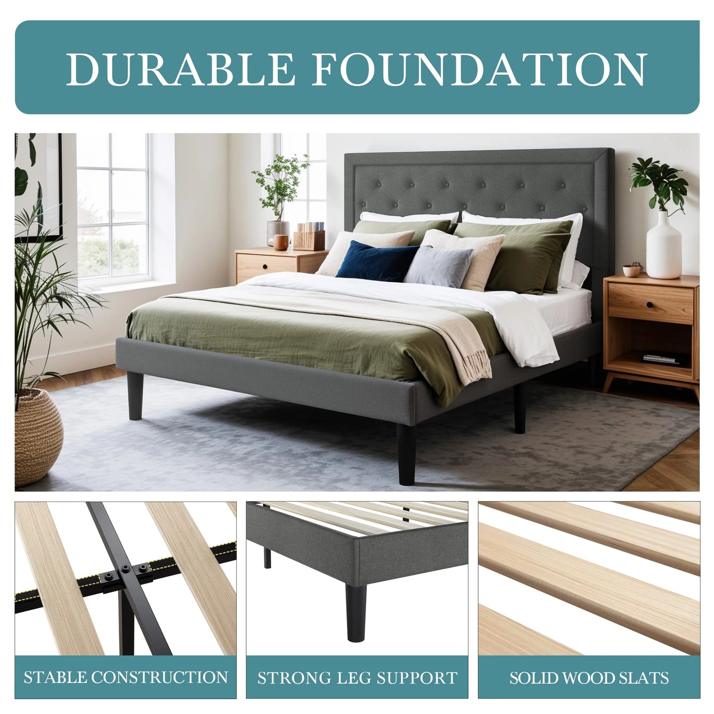 Queen Size Upholstered Platform Bed Frame with Button Tufted Linen Headboard