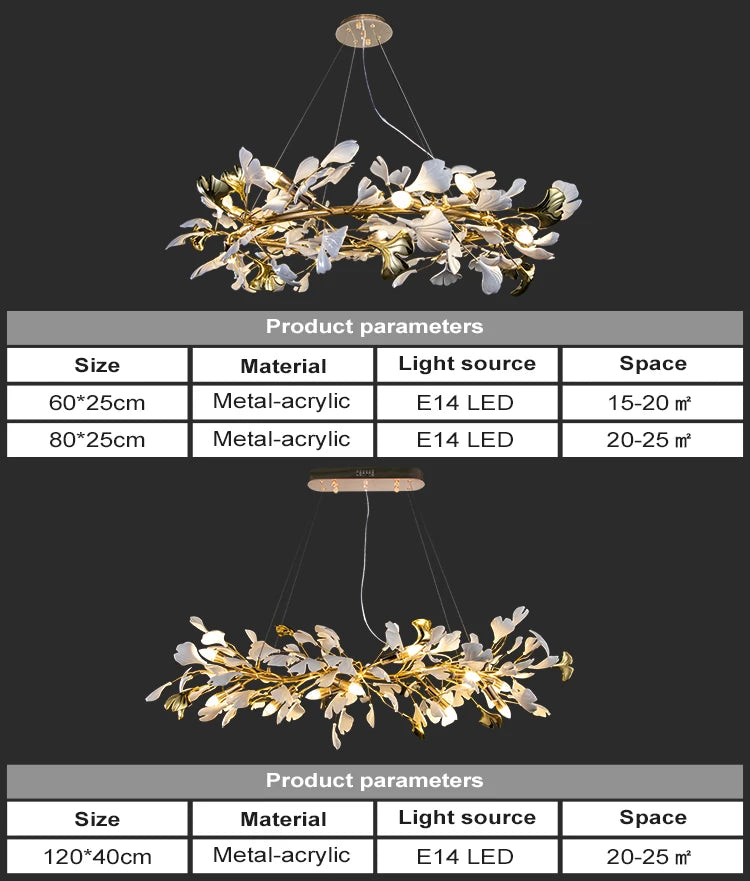 Ginkgo Leaf Chandelier 180cm: Modern Gold Pendant Light for Dining Room & Living Room