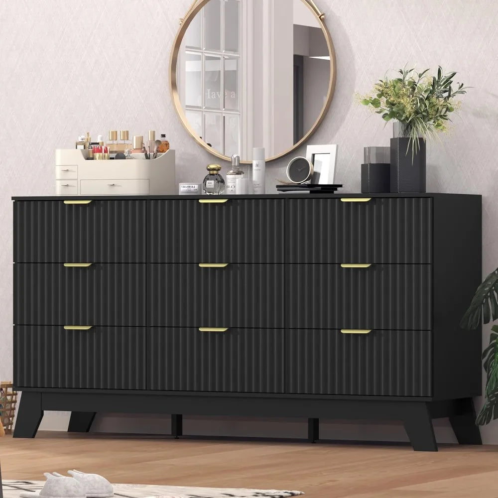 Dresser for Bedroom,9 Drawer Dresser for Closet,57" Wide Storage Cabinet and Chest of Drawers with Gold Handle,TV Stand
