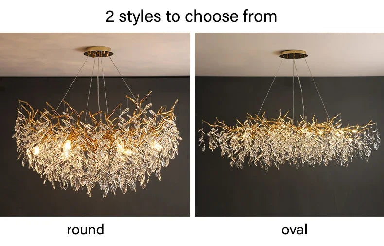 Crystal Chandelier: Luxury Gold Leaf Design LED Pendant Light for Dining & Living Room