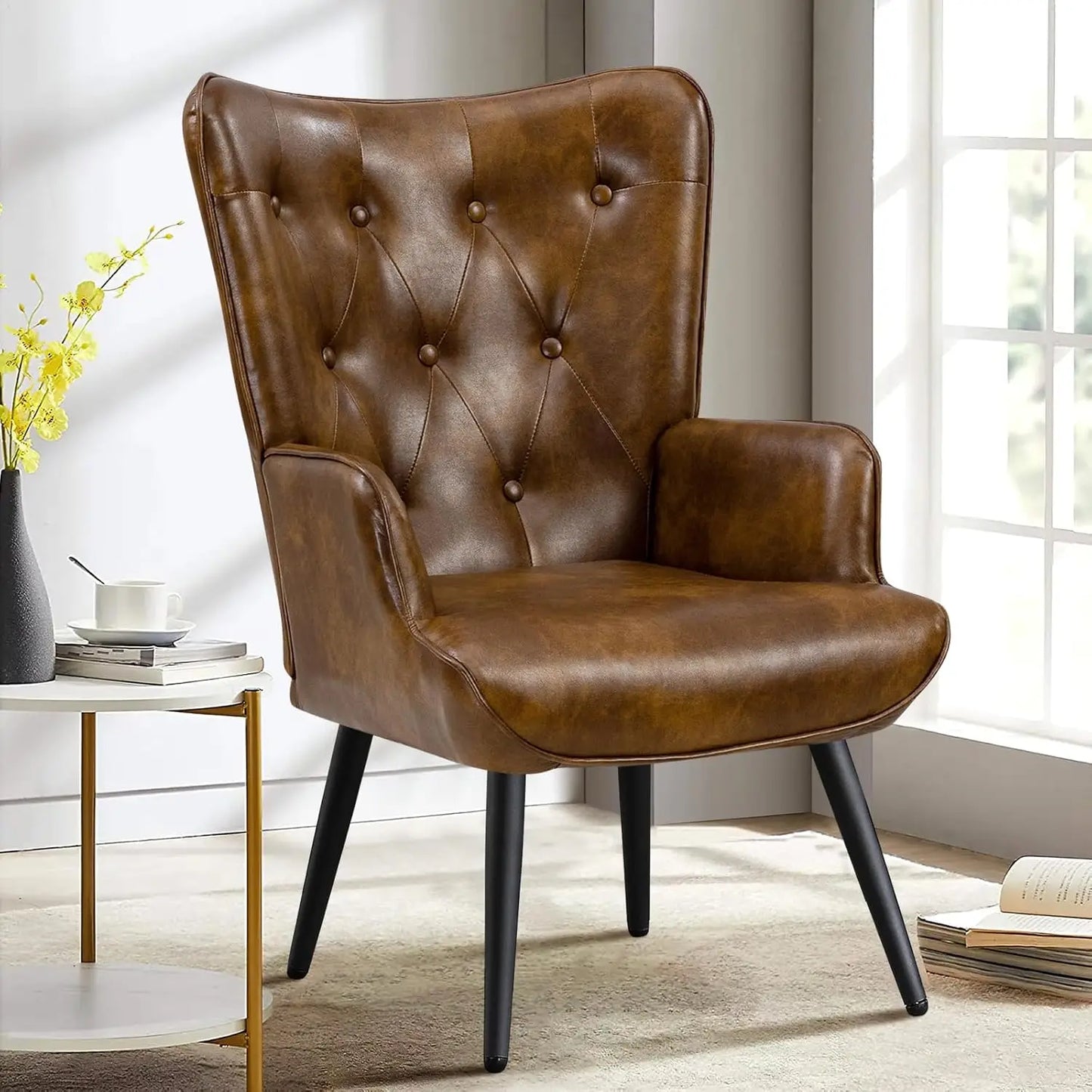 Velvet Accent Chair for Living Room, Upholstered Reading Chair with High Backrest, Tufted-Button Wingback Armchair f