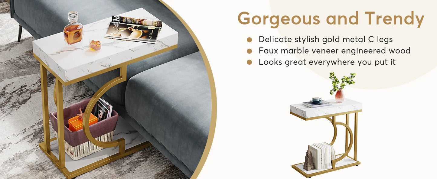 Tribesigns Narrow Side Table White Gold Side Table C Shaped End Table Modern Bedside Table Small Side Table for Couch