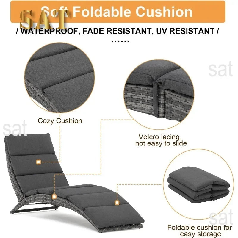 t Patio Chaise Lounge, Outdoor Lounge Chair, PE Rattan Foldable Chaise Lounger with Removable Dark Gray Cushion, Suitable