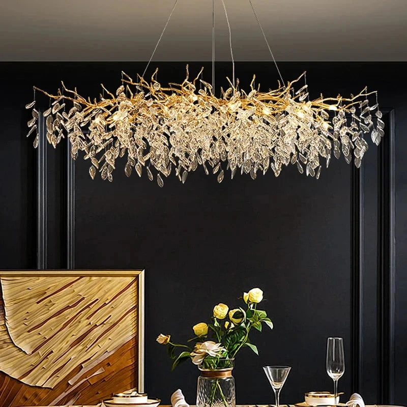 Crystal Chandelier: Luxury Gold Leaf Design LED Pendant Light for Dining & Living Room