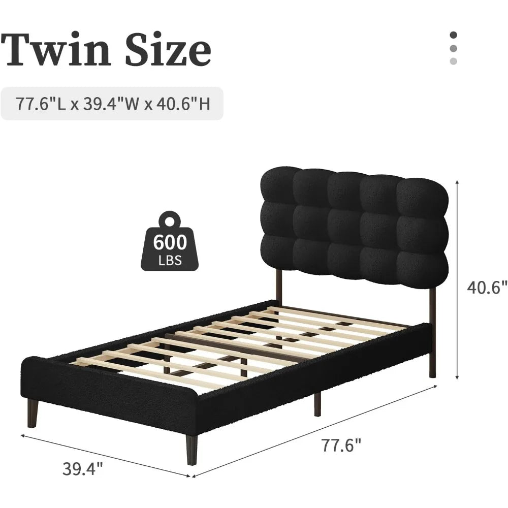 Twin Bed Frame with Upholstered Headboard and Platform Design