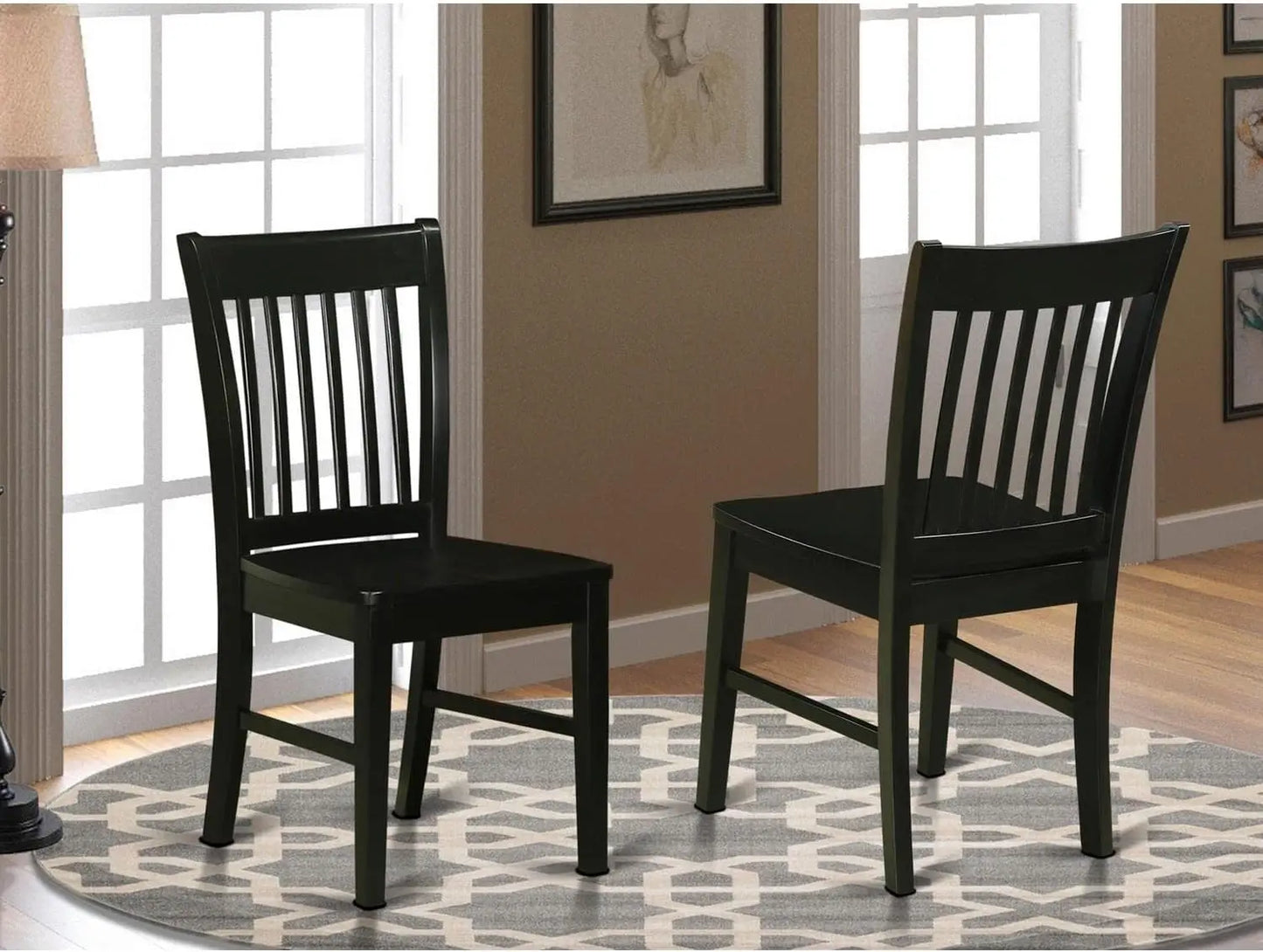 Modern Black Dining Chairs Set of 2, Wooden Slat Back Kitchen Seats for Home Decor