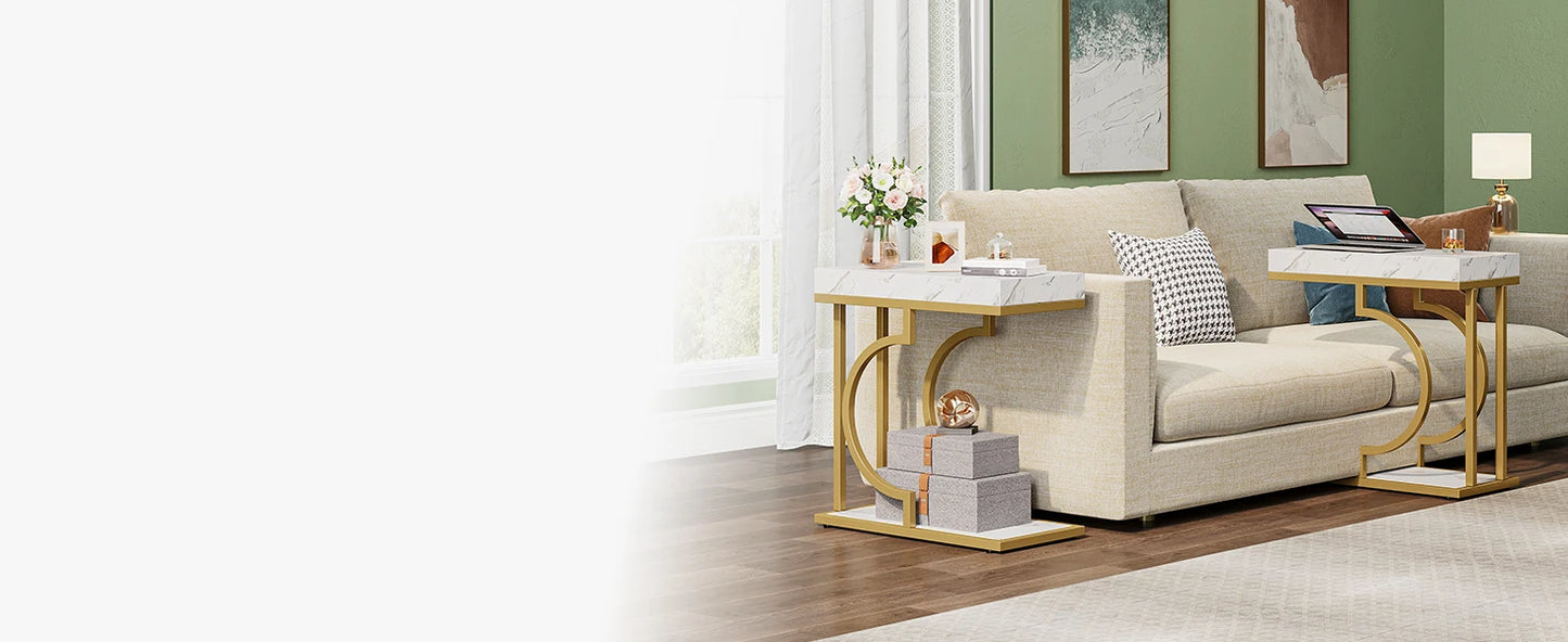 Tribesigns Narrow Side Table White Gold Side Table C Shaped End Table Modern Bedside Table Small Side Table for Couch