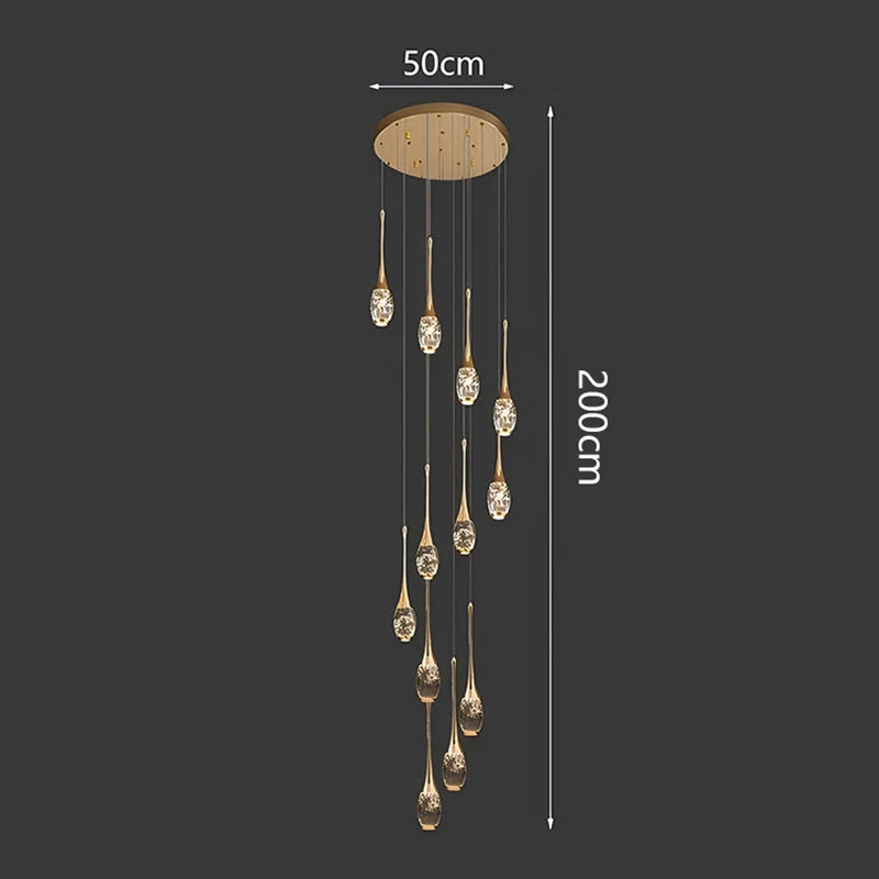 Crystal Chandelier: Multi-Drop Spiral Pendant Light in Gold - 30cm x 120cm