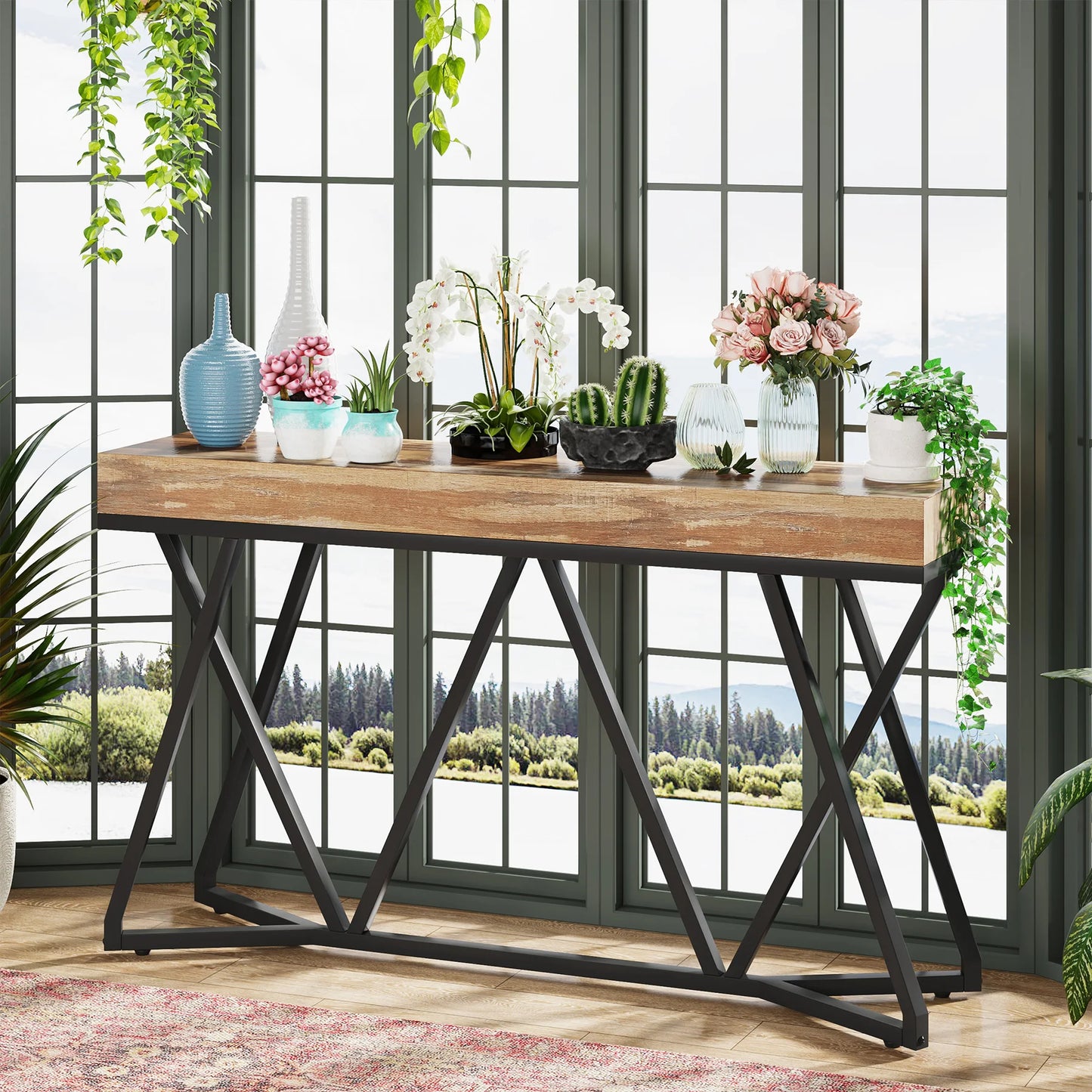 Tribesigns 55 Inches Console Table, Sofa Table Wood Entryway Table with Unique Metal Base