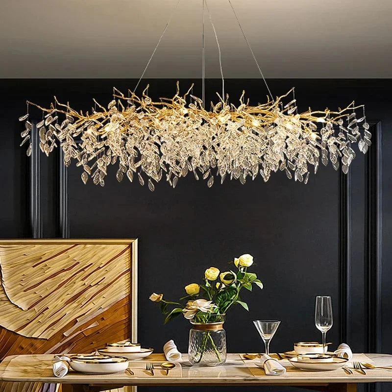 Crystal Chandelier: Luxury Gold Leaf Design LED Pendant Light for Dining & Living Room