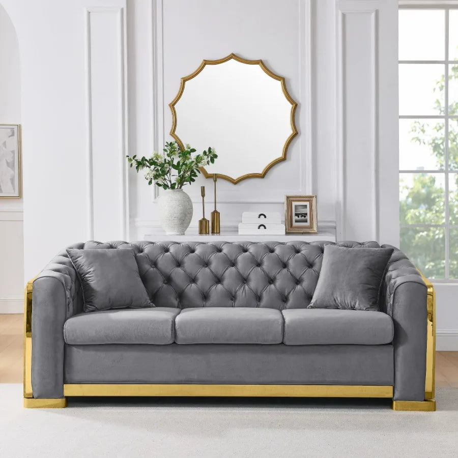 Velvet Luxury Chesterfield Sofa Set 84 Inches Tufted 3 Seat Couch with Gold Stainless for Living Room Grey Fabric