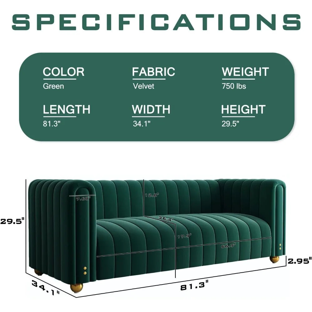 Velvet Sofa 81": Channel Tufted 3-Seat with Gold Legs for Living Room