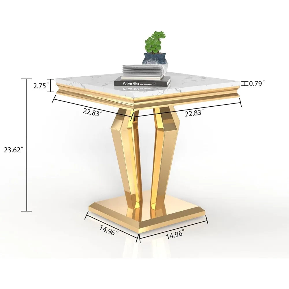Square End Table, 22.8" Modern White Faux Marble Side Table, Nightstand Bedside Table Small Accent Table with Golden Mirrored Fi