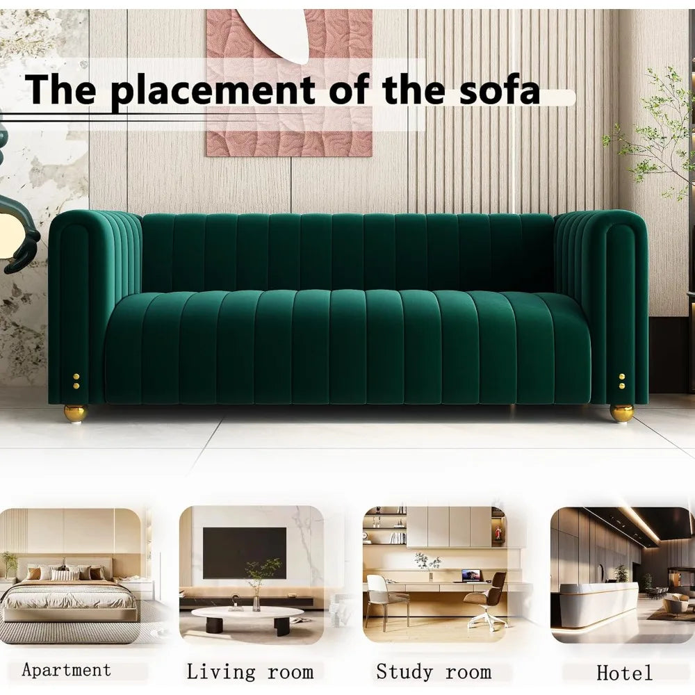 Velvet Sofa 81": Channel Tufted 3-Seat with Gold Legs for Living Room